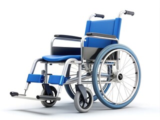 Fototapeta premium Stylish illustration of a modern wheelchair in bold blue and white colors, with sleek lines and minimalistic design, isolated on a white background.