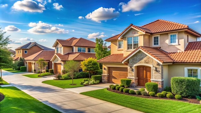 Sun-kissed suburban neighborhood in Texas with newly constructed homes featuring stucco exteriors, red-tiled roofs, and manicured lawns amidst a clear blue sky.