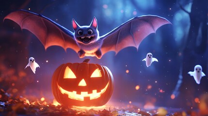 Naklejka premium A smiling pastel bat flying over a glowing jack-o-lantern with tiny ghosts floating around