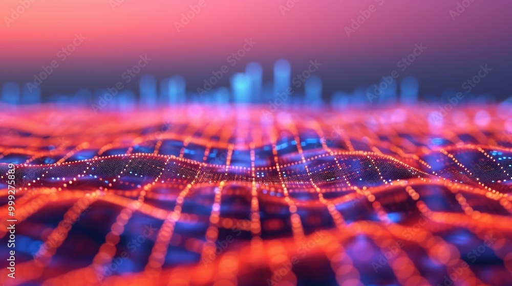 Poster futuristic data visualization depicting the dynamic and interconnected nature of the telecommunicati