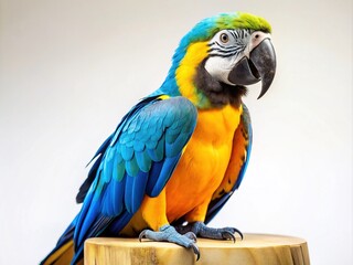 Fototapeta premium Vibrant blue and yellow parrot perches on a wooden stand against a clean white background, its bright plumage and inquisitive gaze captivating the viewer.