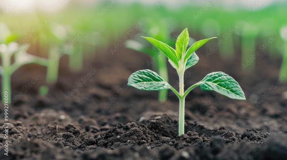 Poster closeup view of a young plant sprouting from the soil highlighting the importance of renewable resou
