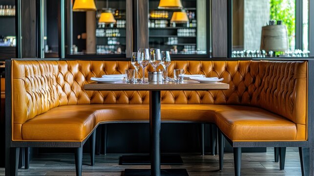 A modern restaurant booth with leather seating and a sleek design.