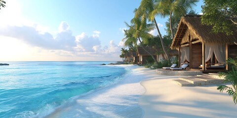 Fototapeta premium Serene Island Paradise Featuring White Sand Beach, Wooden Decks, and Oceanfront Bungalows with Lounge Chairs