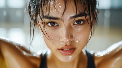 運動後の日本人女性 | ポスター用のフィットネスと健康のコンセプト写真