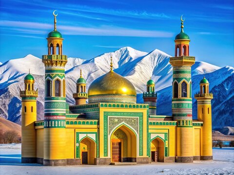 Vibrant colorful mosque architecture stands against a bright blue sky with snow-capped mountains in the background in a remote Xinjiang desert landscape.