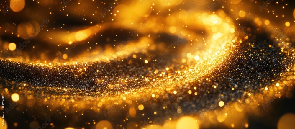 Poster abstract background with sparkling golden particles and blurred lights.