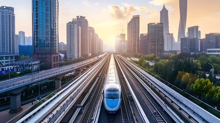 Fototapeta premium High speed train speeding through city cityscape on railway with multiple tracks for urban transportation innovation sunset skyline and modern travel concept.