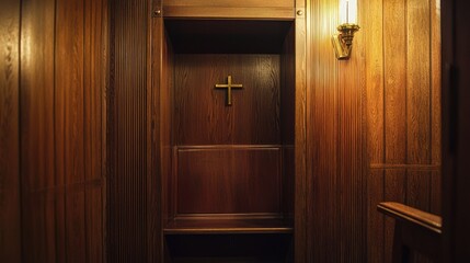 Obraz premium A traditional confession booth in a dimly lit church with wooden walls.