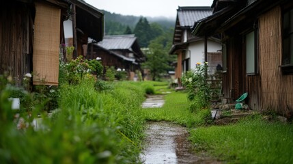 春の伝統的な日本の村 - ポスターやプリント用の静けさと自然