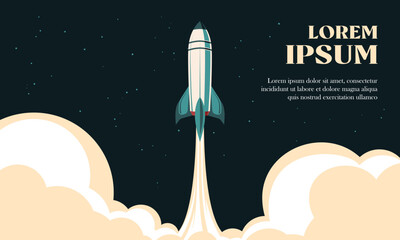 Rocket ship take off illustration 80's background. Suitable for space mission launch and technology banner.