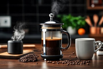 Morning coffee ritual, with a French press, coffee beans, a grinder, and a steaming mug, all arranged on a rustic kitchen counter