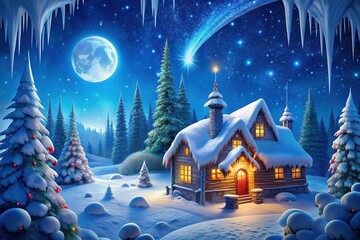 Fototapeta premium Whimsical illustration of the North Pole features snow-covered trees, sparkling icicles, and a majestic Santa's workshop amidst a night sky filled with twinkling stars.