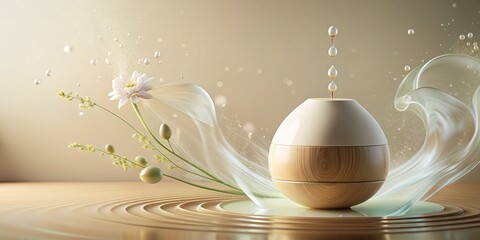 Whimsical minimalist illustration of a modern scent diffuser, surrounded by floating essential oil droplets and gentle aroma waves, on a soft pastel background.