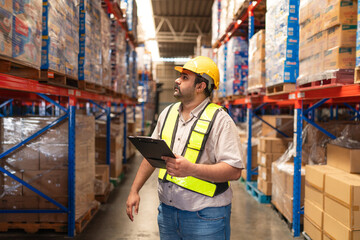 Portrait of male staff with holding clipboard working in warehouse, Industrial and industrial workers concept.