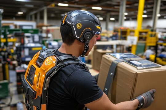 Robotic exoskeleton helping a worker lift heavy objects, amplifying human strength, showing the integration of robotics into everyday labor tasks