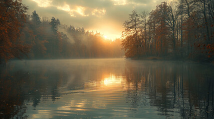 Fototapeta premium Serene Autumn Reflection on a Misty Lake at Sunrise