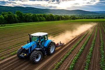 Obraz premium Tractor plowing through a large field, turning the soil as it prepares the land for the next crop season, with dust trailing behind in the morning light
