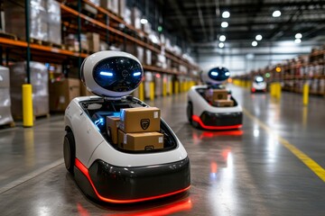 Warehouse robots sorting and transporting packages, working efficiently in a fully automated fulfillment center, representing the future of logistics and supply chains