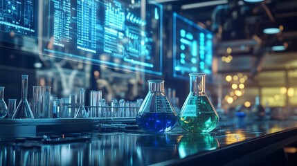 Two Erlenmeyer Flasks Filled with Blue and Green Liquid on a Lab Table with a Screen in the Background