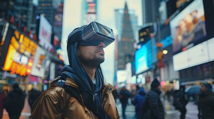 Man wearing VR goggles walks through Times Square in New York City, experiencing a virtual reality world.