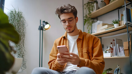 Young Man Using Smartphone in Cozy Indoor Setting