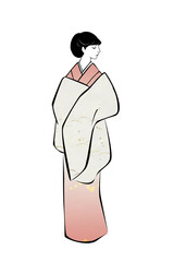 和装　日本人女性　着物を着てショールを羽織る若い女性の立ち姿　黒髪を結った横顔