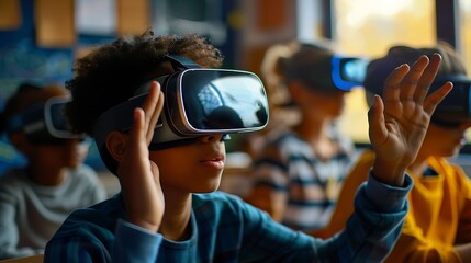 Group of students wearing VR headsets in a classroom setting.