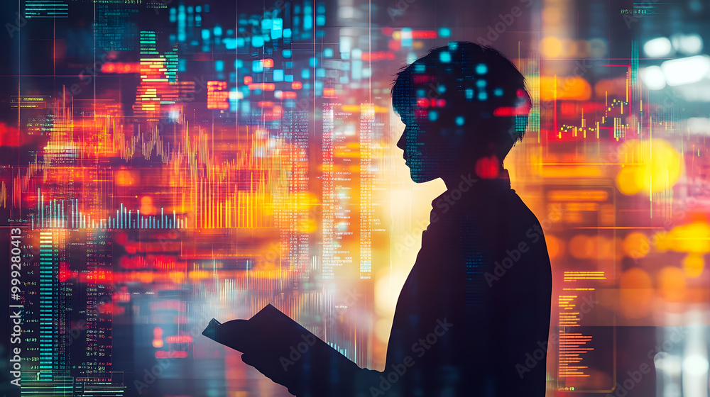 Poster silhouette of a person with data visualization background