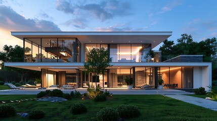 Fototapeta premium Modern luxury villa with glass walls showcasing a contemporary architectural design, a lush garden, and a stunning sunset sky.