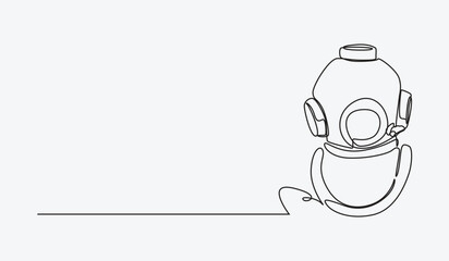 Continuous one line drawing of old diving scuba helmet. Vintage, underwater concept. Editable stroke vector.