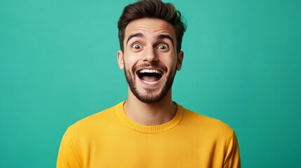 Obraz premium Energetic and Joyful Young Man Gesturing with Excitement in Studio