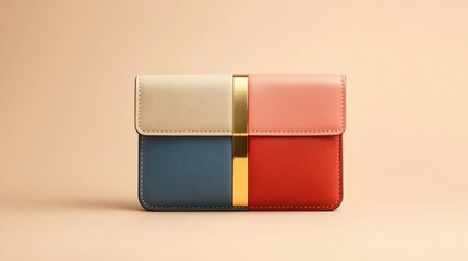 A modern wallet with color block details and gold accents, isolated on a plain background
