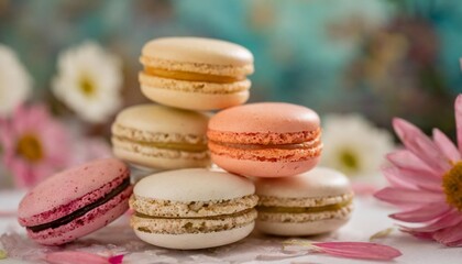 Isolated French macarons with depth of field capturing colorful layers and delicate textures