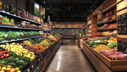 Fototapeta premium Grocery Store Produce. Fresh Produce Section. Farmers Market Stall. Colorful Fruits and Vegetables. Complete grocery store.