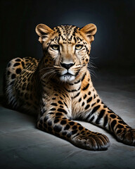 professional photo of leopard up front view sitting in a dark room relaxing black background close up