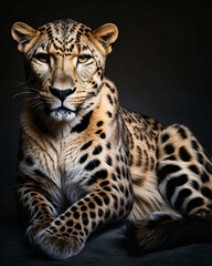 professional photo of leopard front view leaning in a dark room relaxing black background close up