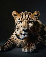 Fototapeta premium professional photo of leopard front view sitting and lay down in a dark room black background close up