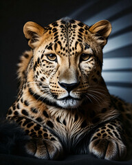 professional photo of leopard front view sitting lay down in a dark room black background close up