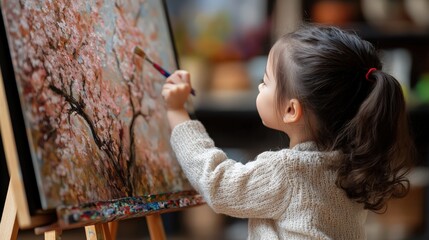 春のアートプロジェクトのために桜を描く日本の子供