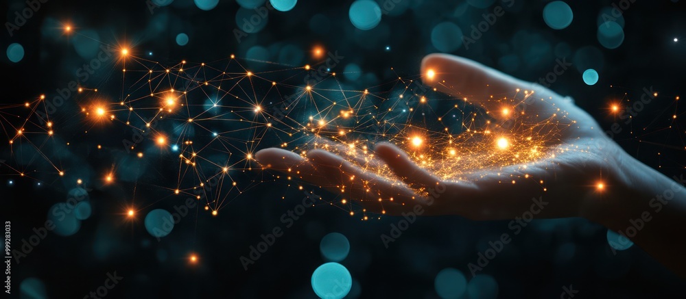 Sticker a hand reaching out and holding a network of glowing lines and points.