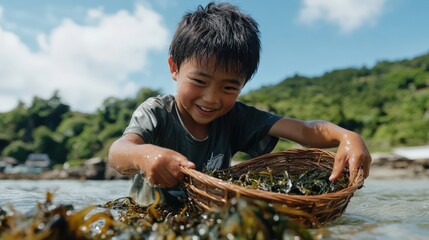 海藻農家の日本の子ども：春の祭りに向けて伝統的な沿岸生活を探索