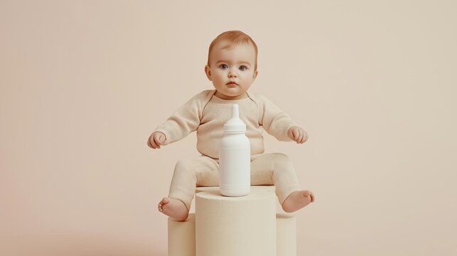 Baby sitting on a stool with milk bottle in lap on a beige background
