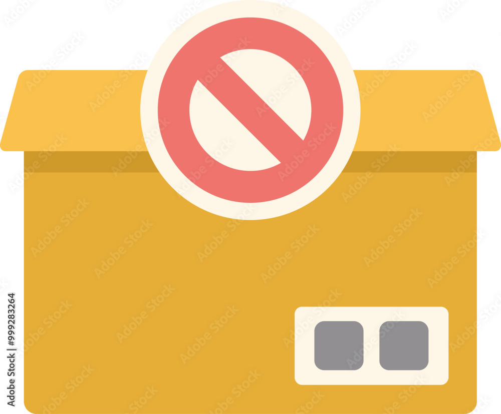 Poster yellow cardboard box with a red prohibition sign, representing shipping restrictions and fragile han