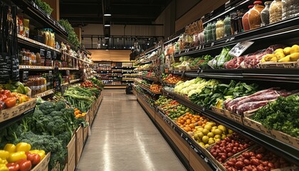 Fototapeta premium Grocery Store Produce. Fresh Produce Section. Farmers Market Stall. Colorful Fruits and Vegetables. Complete grocery store.