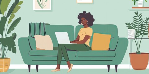 Casual Woman Working Remotely on Laptop While Sitting on a Mint Green Couch in Her Living Room.