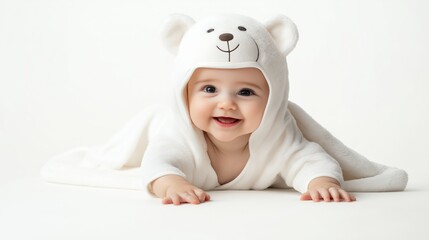 Cute baby wearing a white bear-hooded towel lying on stomach on a white background