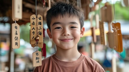 春祭りのポスター用に伝統的な風鈴を作る日本の少年