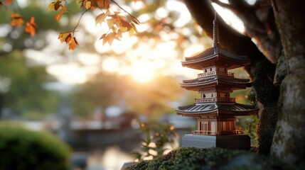 心を落ち着かせるポスターやプリントに最適な、秋の夕暮れ時の静かな日本の塔