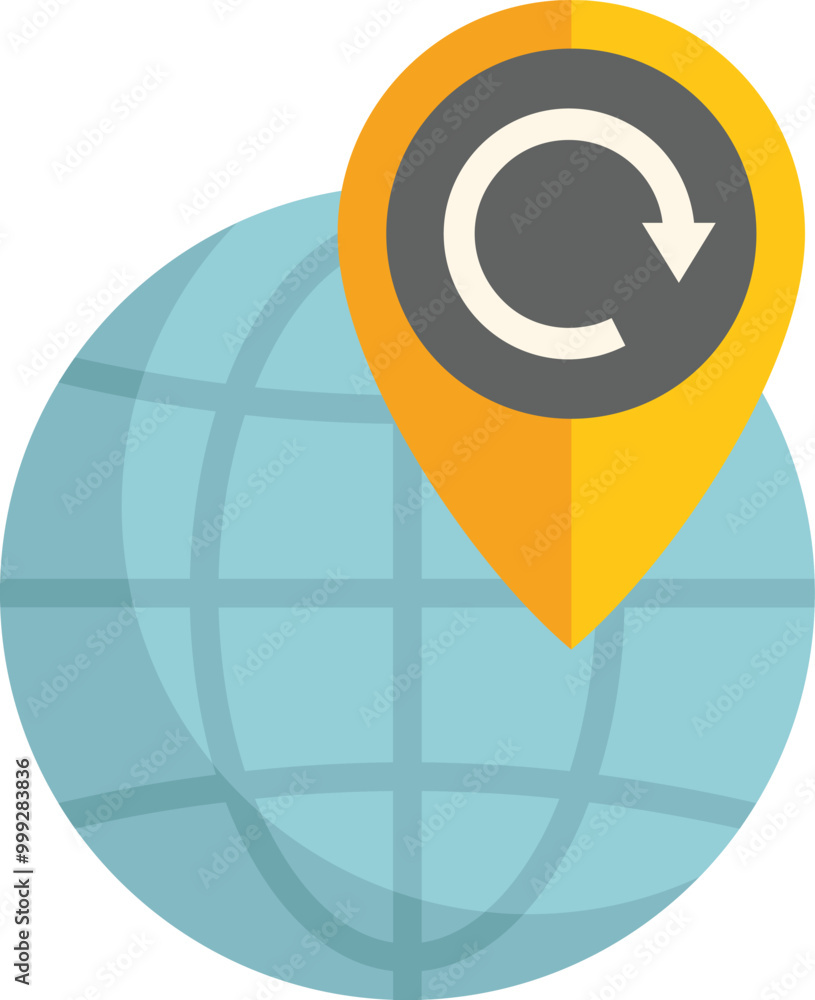 Poster return arrow inside of a map pin, positioned on a globe, representing global returns